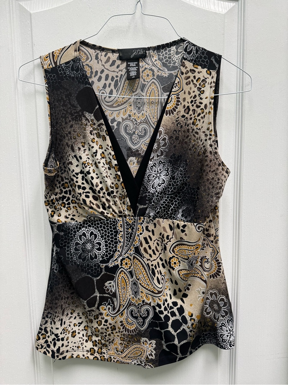 J.T.B. Deep V-Neck Paisley Animal Print Sleeveless Top - Black & Taupe